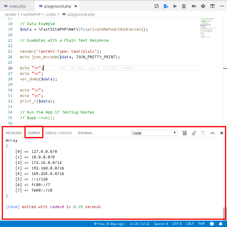 Saída Code Runner Output