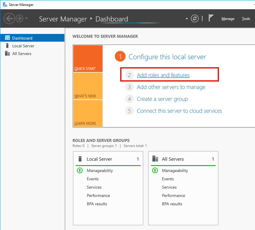 Windows Server Manager - Add Roles and Features