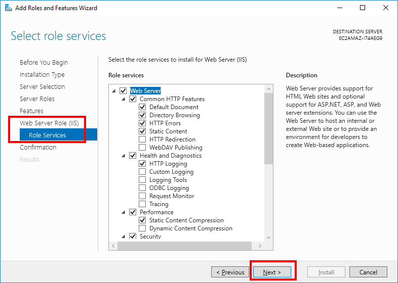 Gerenciador do Servidor Windows Server - Opções do IIS